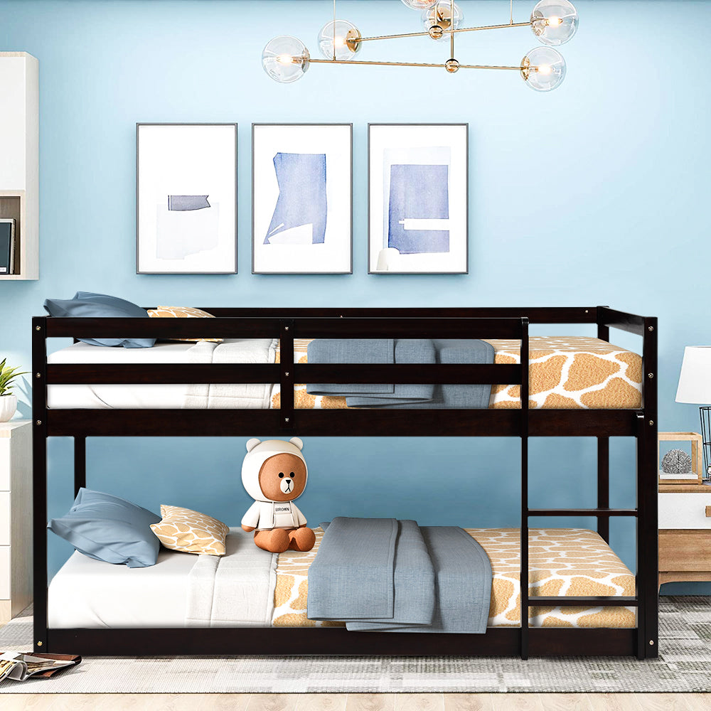Solid Wood Low Bunk Bed for Kids, Twin Over Twin Floor Bunk Bed with Safety Rail, Ladder, Q15
