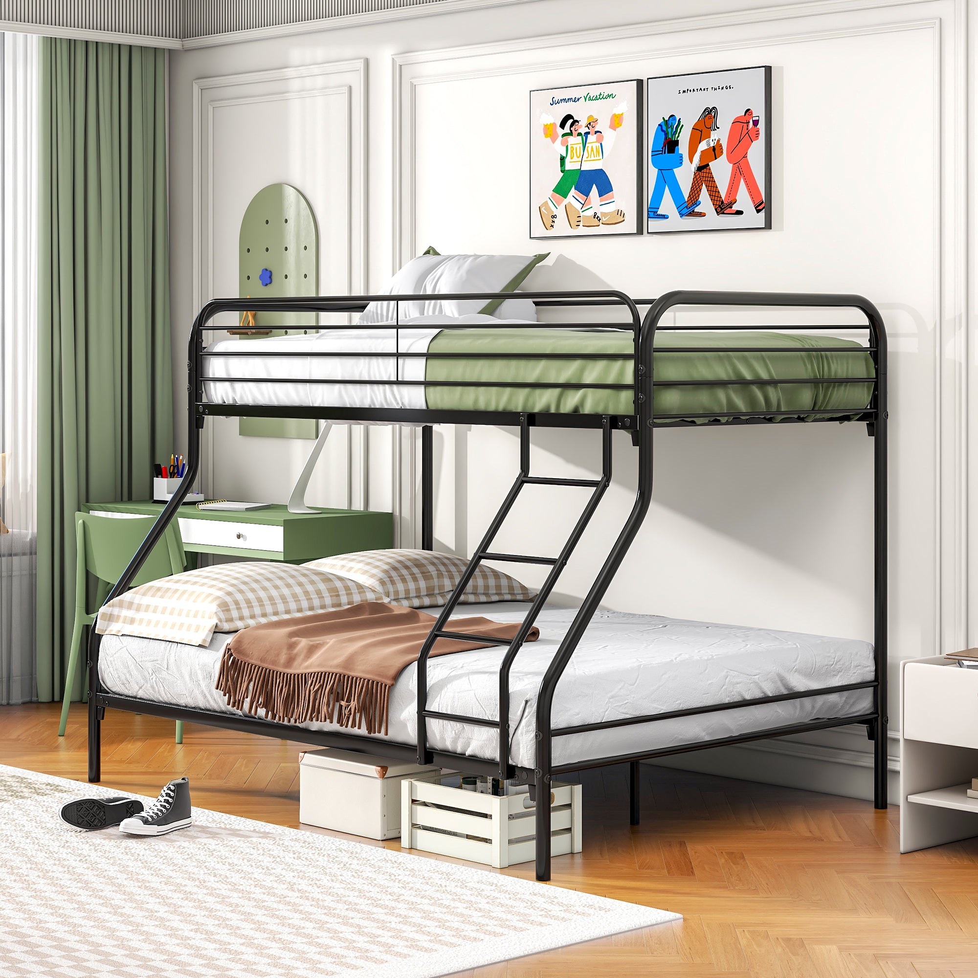 Twin Over Full Bunk Bed with Metal Frame and Ladder, Heavy Duty Bunk Beds Twin Over Full Size for Kids Adults, Durable Bunk Bed Frame with Metal Support Slat, Safety Guardrail
