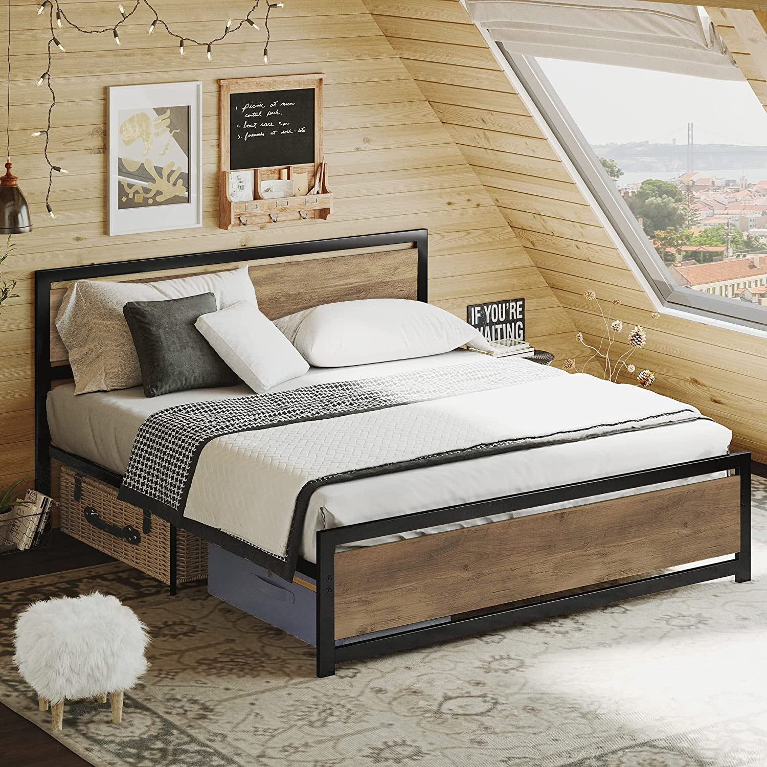 Metal Full Bed Frame with Wood Headboard and Footboard, No Box Spring Needed, Q12