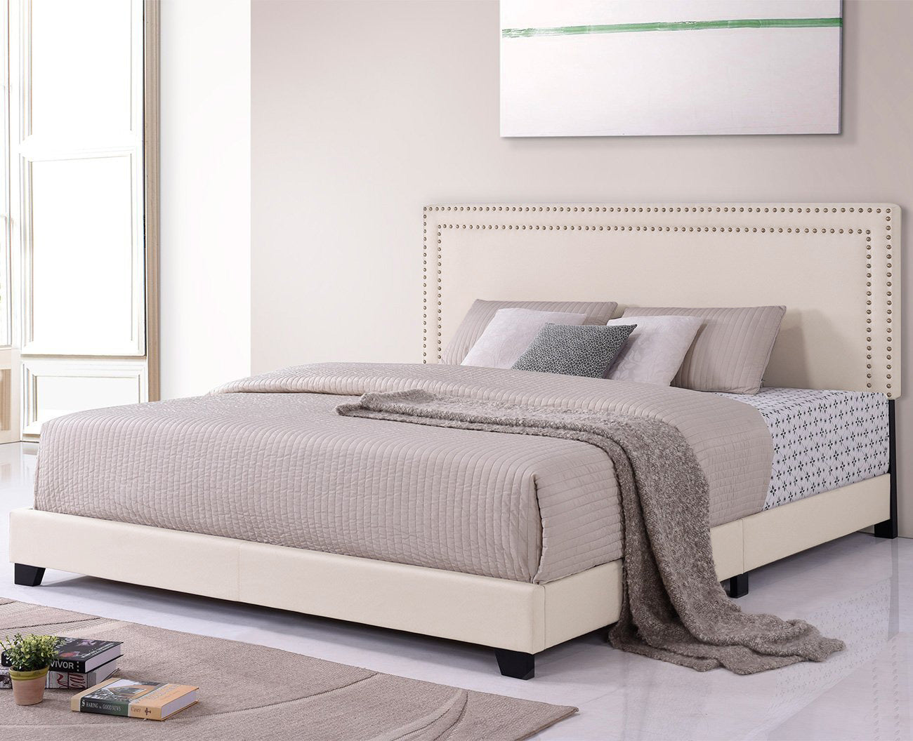 King Bed Frame, URHOMEPRO Modern Upholstered Platform Bed with Headboard, Beige Heavy Duty Bed Frame with Wood Slat Support for Adults Teens Children, Box Spring Required
