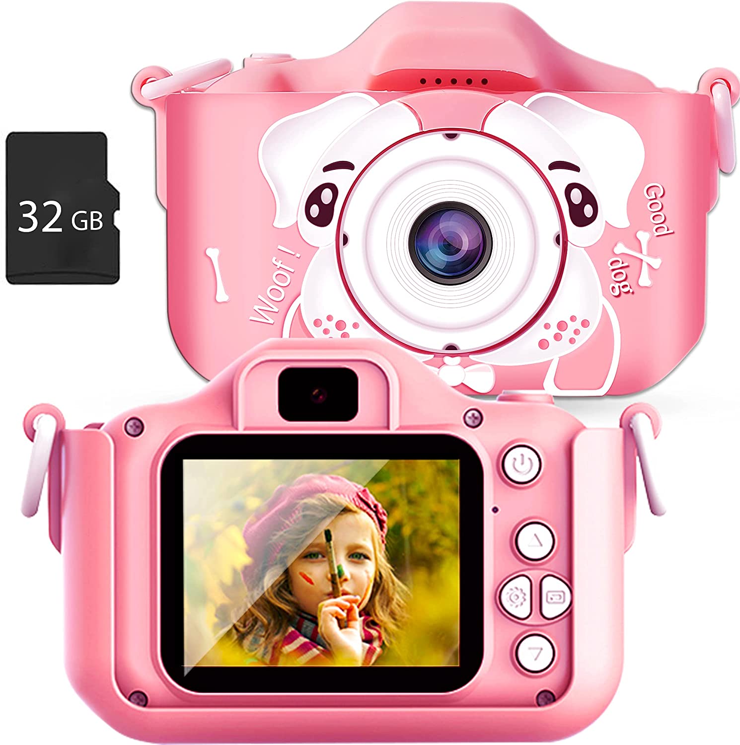 Kids Toys Camera for 3-6 Year Old Girls Boys, Compact Cameras for Children, Best Gift for 5-10 Year Old Boy Girl 8MP HD Video Camera Creative Gifts, Pink(32GB Memory Card Included), I5482