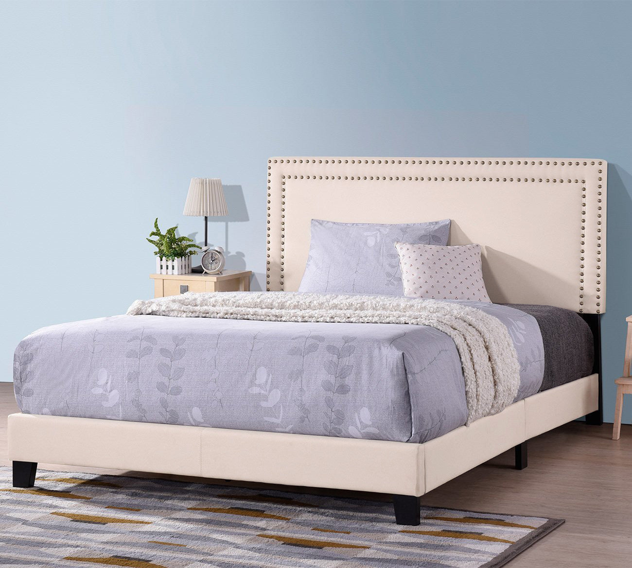 Full Bed Frame, URHOMEPRO Modern Upholstered Platform Bed with Headboard, Beige Heavy Duty Bed Frame with Wood Slat Support for Adults Teens Children, Box Spring Required